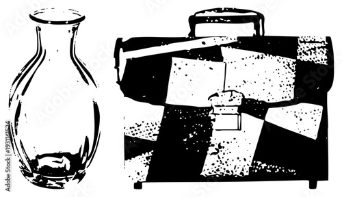 Classic glass carafe with curved neck, textured briefcase with speckled patches, vector art, office or travel theme, minimalist design.