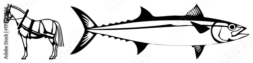 Draft horse harnessed for pulling, tuna fish profile, stylized animal, graphic design elements, art, isolated subjects, vector art.