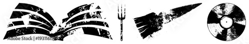 Stylized black and white with distressed texture open book, dining fork, feather duster, vinyl record graphic design elements with gritty aesthetic.
