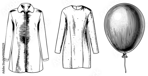 Classic women’s outerwear designs, collared coat and dress style garment, alongside a detailed balloon, rendered in halftone art style, ideal for fashion or graphic design projects.
