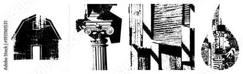 Stylized black and white building forms, classical column, wooden texture, geometric shapes, halftone inspired graphic design, architectural motifs, vector cutout.
