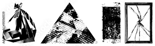 Four stylized halftone tied sack, mountain peak, textured rectangle, shattered frame all in high contrast black and white vector art with bold graphic shapes.