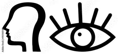 Silhouette of human head profile beside stylized eye, visual metaphor for awareness, vision, cognition, and observation.
