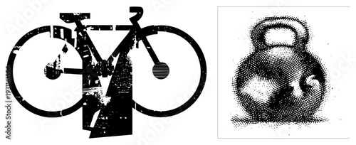 Distressed bike silhouette with gritty texture, halftone kettle, vector graphics, fitness and gym equipment, isolated symbols for design.