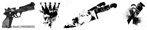 Vector cutouts of firearm, trident, knife, and ribbon with distressed halftone effect, isolated, graphic design elements, stencil art, symbolic.
