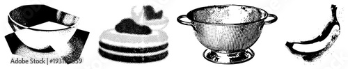 Vector halftone illustrations of bowl, cake, colander, and banana, rendered in black and white, isolated on transparent background for graphic design use.