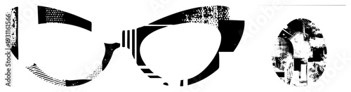 Graphic vector eyewear silhouette with fragmented halftone, modern geometric frames, isolated lens shapes, bold graphic style, black and white composition.