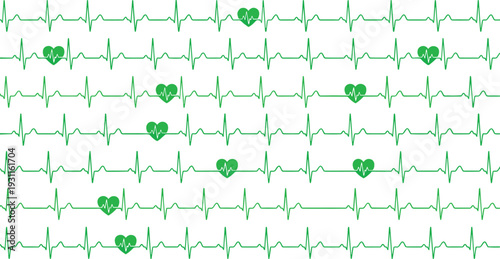 Green electrocardiogram heartbeat pattern with heart icons, medical ECG pulse line background for healthcare and cardiology design