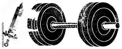 Retro stylized sword and barbell with halftone texture, fitness and warrior symbols, vector graphic, black and white, gritty aesthetic.