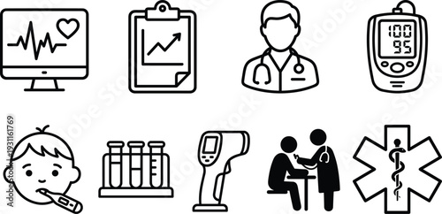 Healthcare and Medical Line Icon Set, Doctor Consultation, Heart Monitor, Thermometer and Laboratory Symbols Vector Illustration Collection