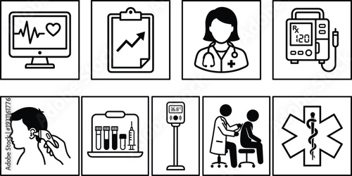 Healthcare and Medical Line Icon Collection, Doctor, Patient Consultation, Vital Signs Monitor and Laboratory Equipment Vector Illustration Set