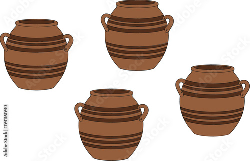 Set of four traditional brown clay pottery jars with handles and dark horizontal stripes isolated on white background for rustic kitchen decor vector illustration.