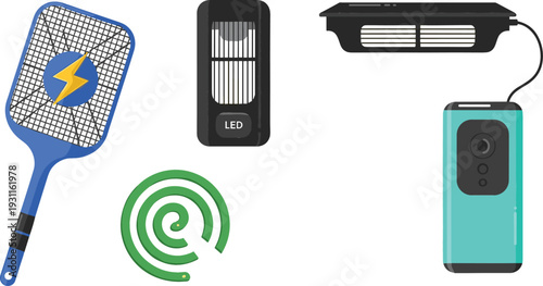 Set of mosquito and insect repellent tools including electric swatter racket coil LED trap and liquid vaporizer vector illustration isolated on white background.