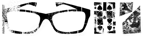 Graffiti style eyewear and classic card deck with spades,, clubs, diamonds, vintage print,, graphic design elements.
