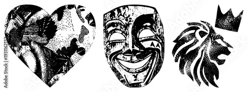 Black and white halftone graphic heart with abstract fill, theatrical mask with expressive grin, crowned lion head. Vector symbols for branding or design projects.