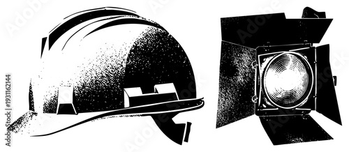 Construction hard hat with ventilation slots, studio fresnel light with barn doors, halftone shading, black and white graphic, isolated elements for design.