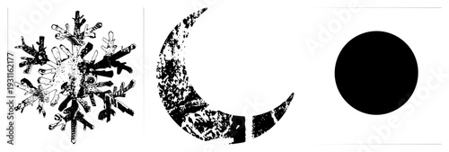 Detailed snowflake with textured arms, distressed moon, minimalist black circle isolated vector for design, flat style,, graphic elements.