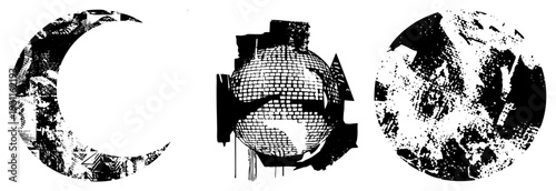 Three stylized circular forms with fragmented halftone, vector graphic, design, graphic art, isolated shapes, abstract composition, artistic texture.