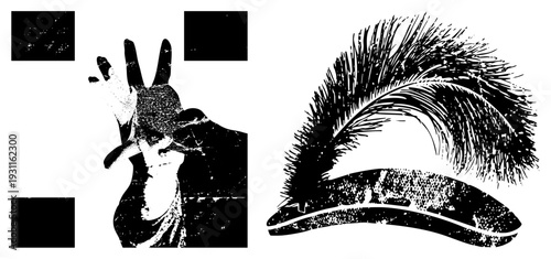 1920s flapper woman making peace sign, jazz age style, feathered headpiece, retro silhouette, art deco fashion, black and white halftone graphic.