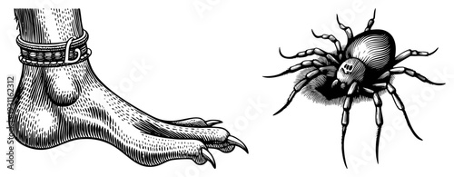 Detailed vintage style illustration of a clawed foot adorned with beaded anklet, paired with a menacing spider with skull motif, both rendered in fine engraving style.