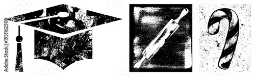 Black and white halftone illustrations of academic cap, baking tool, and holiday candy cane, isolated vector graphics, stylized textures, festive or educational themes.
