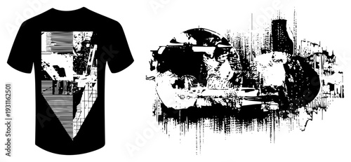 Black tee shirt with glitch art print, digital noise texture, urban streetwear, graphic tee, abstract design, punk aesthetic, high contrast visual.