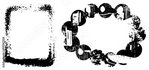 Rough edged black frames with splattered texture, minimalist graphic borders, vector art, isolated shapes, halftone style, design element.