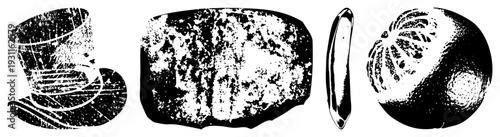 Classic top hat silhouette, ancient stone tablet texture, sleek knife blade, textured citrus fruit, black and white halftone vector illustrations.