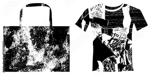 Broken tote bag and t shirt with halftone texture, urban streetwear apparel, abstract print, grunge aesthetic, fashion accessories, graphic tees.