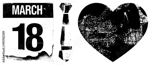 Distressed black and white calendar date “ 18” with textured arrow and heart, vintage design, graphic element, day marker, date stamp, retro typography.