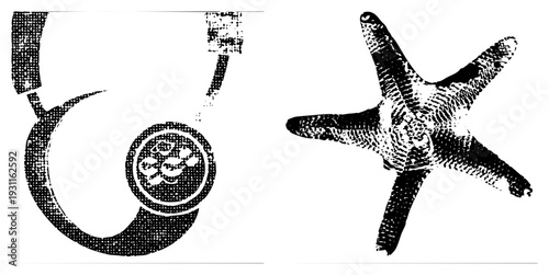 Medical stethoscope with classic design and starfish silhouette, both rendered in halftone dot, isolated vector graphics for design use.