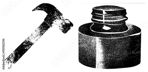 Classic claw hammer and glass inkwell rendered in halftone dot, retro graphic design, vector illustration, black and white, timeless tools.