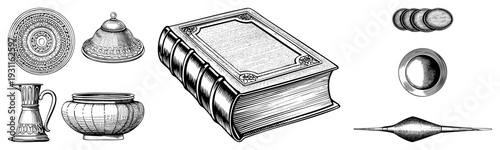 Vintage book with embossed cover, ornate ceramic jar, plate, lidded container, metallic goblet, and geometric shapes, all rendered in detailed art.