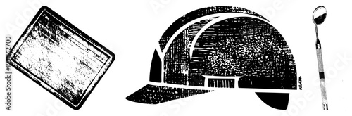 Dental mirror for exams, construction hard hat for safety, griddle pan for cooking, black and white halftone style, isolated vector elements.