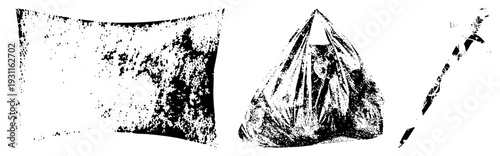 Abstract halftone forming fabric folds, plastic wrapped item, and dagger silhouette, vector graphic with grainy texture, isolated elements, design.