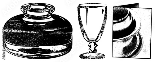 Classic inkwell with stopper, ornate wine glass, stacked plates halftone style, vintage graphic design, retro illustration.