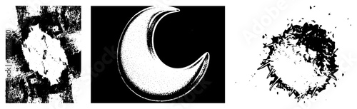 Stylized moon rendered in halftone dot, surrounded by ink splatter texture, graphic design element, vector art, isolated.
