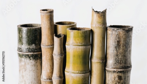 row of vertical natural bamboo stalks in varying shades of green and tan. The stems feature distinct nodes and weathered textures, isolated on a clean white background.