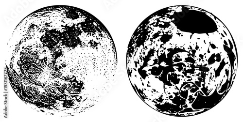 Two moon renditions with cratered terrain, halftone shading, vector art, celestial body, lunar surface, space exploration graphic.