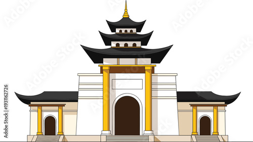 Traditional East Asian temple building vector illustration featuring black tiered roofs and golden pillars isolated on white background for travel and cultural design.