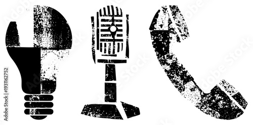 Retro styled communication symbols including lightbulb, vintage microphone, and rotary phone receiver, rendered in distressed black and white vector art.