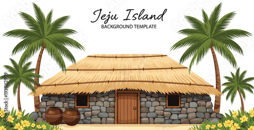 Traditional Jeju Island stone house vector illustration with straw roof palm trees and yellow flowers on white background for travel and cultural heritage design.