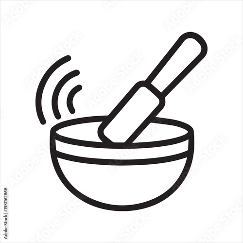 Singing bowl with mallet sound waves outline icon vector