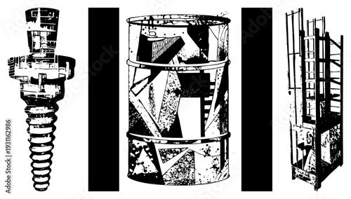 Vector illustrations of mechanical bolt, weathered barrel, and steel scaffold, rendered in gritty halftone style, industrial design elements, isolated technical components.