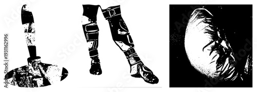 Black and white vector graphics featuring a prosthetic leg, a knife with textured grip, and a halftone orb. Isolated, cutout, rgba.