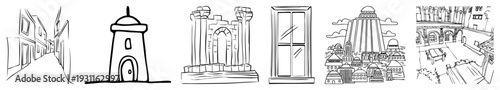 Hand drawn architectural illustrations including alley, lighthouse, ruin, window, cityscape, courtyard minimalist art for design or education.