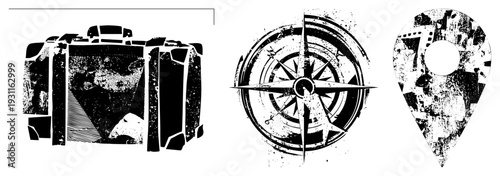 Travel themed vector suitcase with world map, compass rose, location pin, distressed texture, design, navigation symbols, tourism graphics.