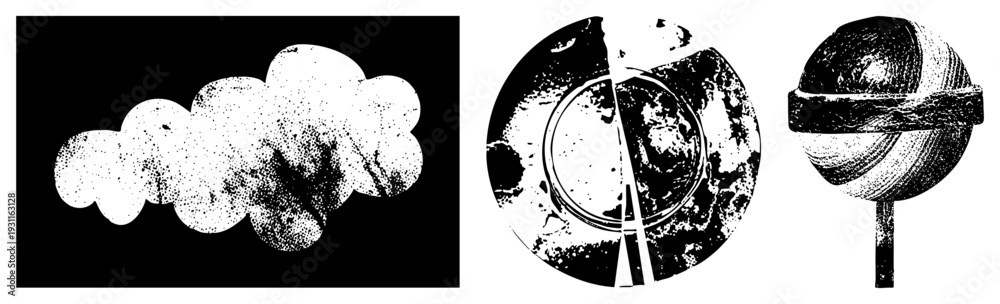 Stylized halftone cloud texture, fragmented circular gear with mechanical wear, isolated geometric sphere with band, vector art,, graphic design elements.