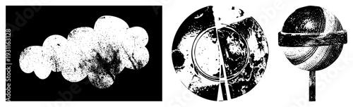 Stylized halftone cloud texture, fragmented circular gear with mechanical wear, isolated geometric sphere with band, vector art,, graphic design elements.