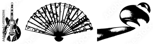 Classic electric guitar with worn texture, ornate folding fan with distressed, expressive paintbrush stroke art, black and white vector graphics, isolated design elements.